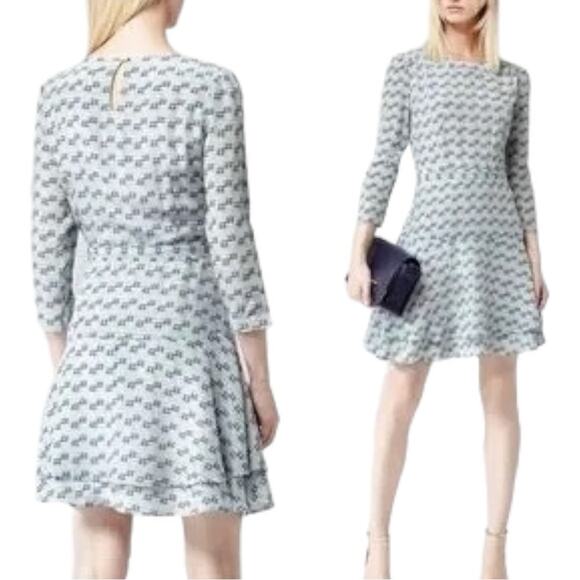 Reiss Giselle Watercolor Three-Quarter Sleeve Blue Geo Print Silk Dress Size 4 - Picture 4 of 15